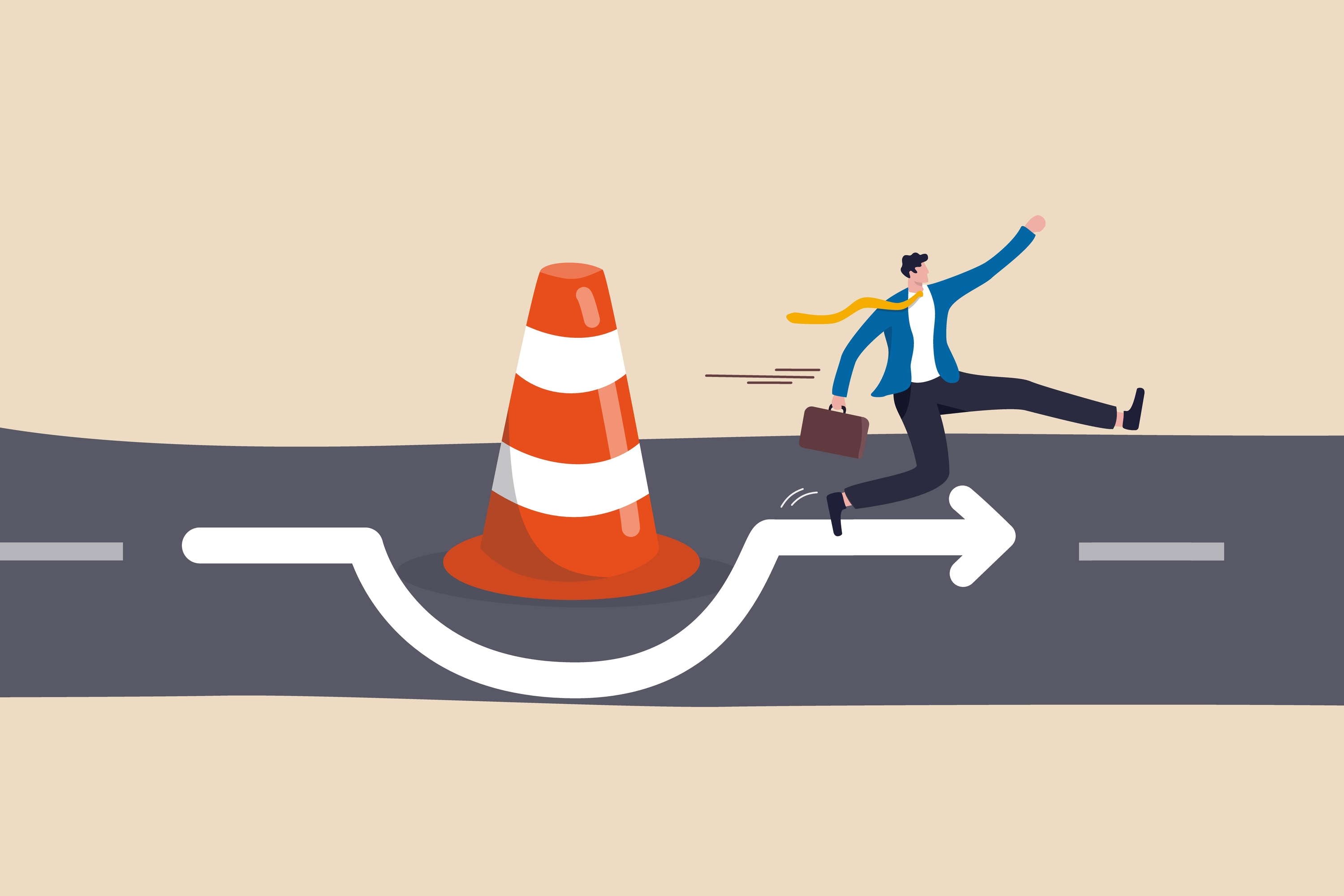 Man on road running past safety cone
