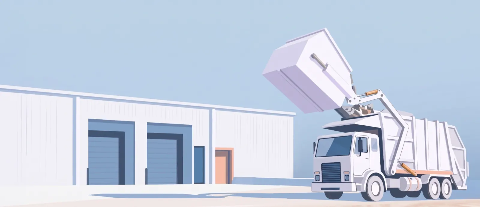 A waste collection truck with an open top is lifting trash into a warehouse with blue doors under a clear sky.