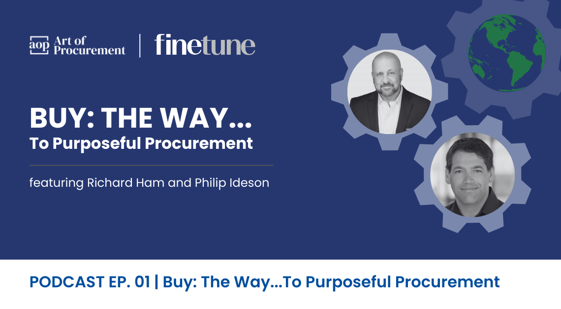 A promotional graphic for a procurement podcast featuring Richard Ham and Philip Ideson, with a dark blue background, gear