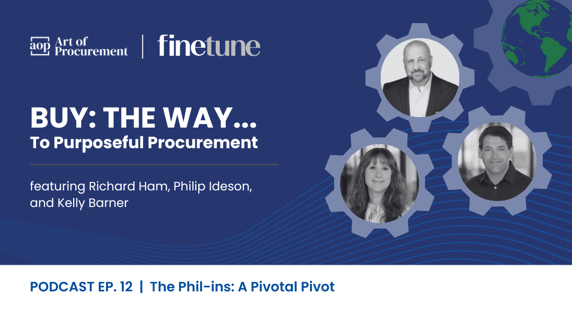 A promotional graphic for a podcast episode featuring three speakers, with a dark blue background, gear icons, and images of