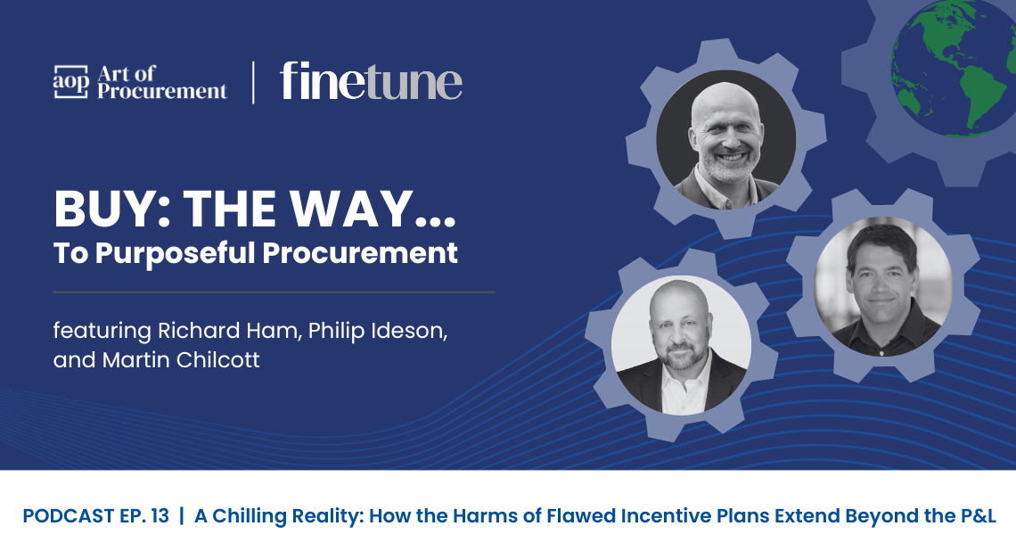 A promotional graphic for a procurement podcast featuring three speakers, with a dark blue background, gear icons, and a