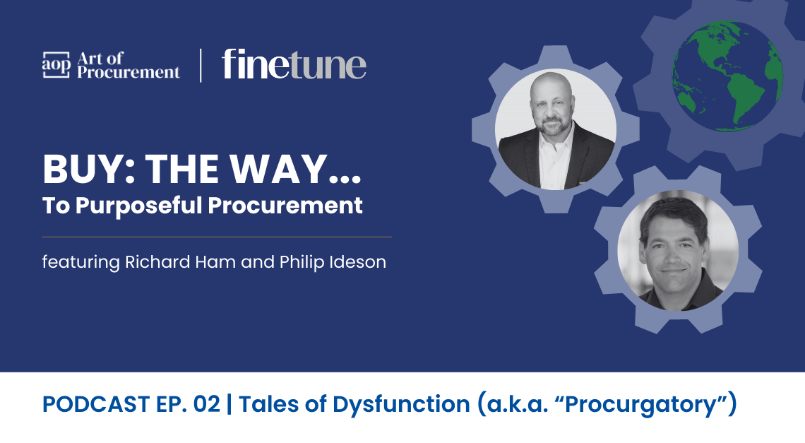 A promotional graphic for a procurement podcast featuring Richard Ham and Philip Ideson, with gear icons and a globe on a