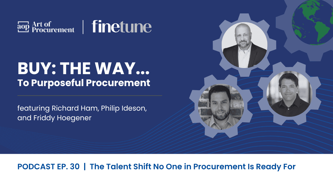 A promotional graphic for the "AOP x Finetune" podcast episode 30 features three speakers' headshots inside gear icons, with