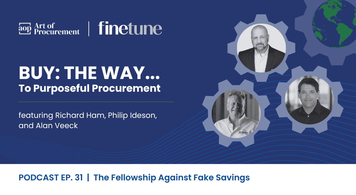 A promotional graphic for a podcast episode featuring headshots of three men, with text about purposeful procurement and
