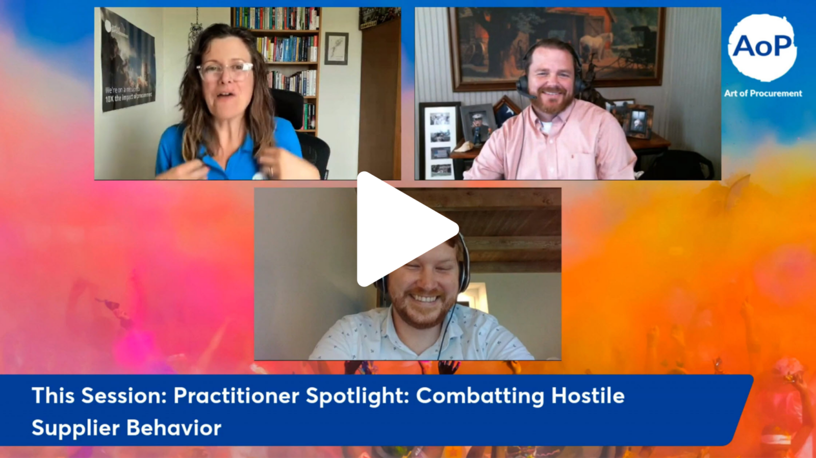 Three speakers participate in a virtual session on hostile supplier behavior, with two women and one man smiling and