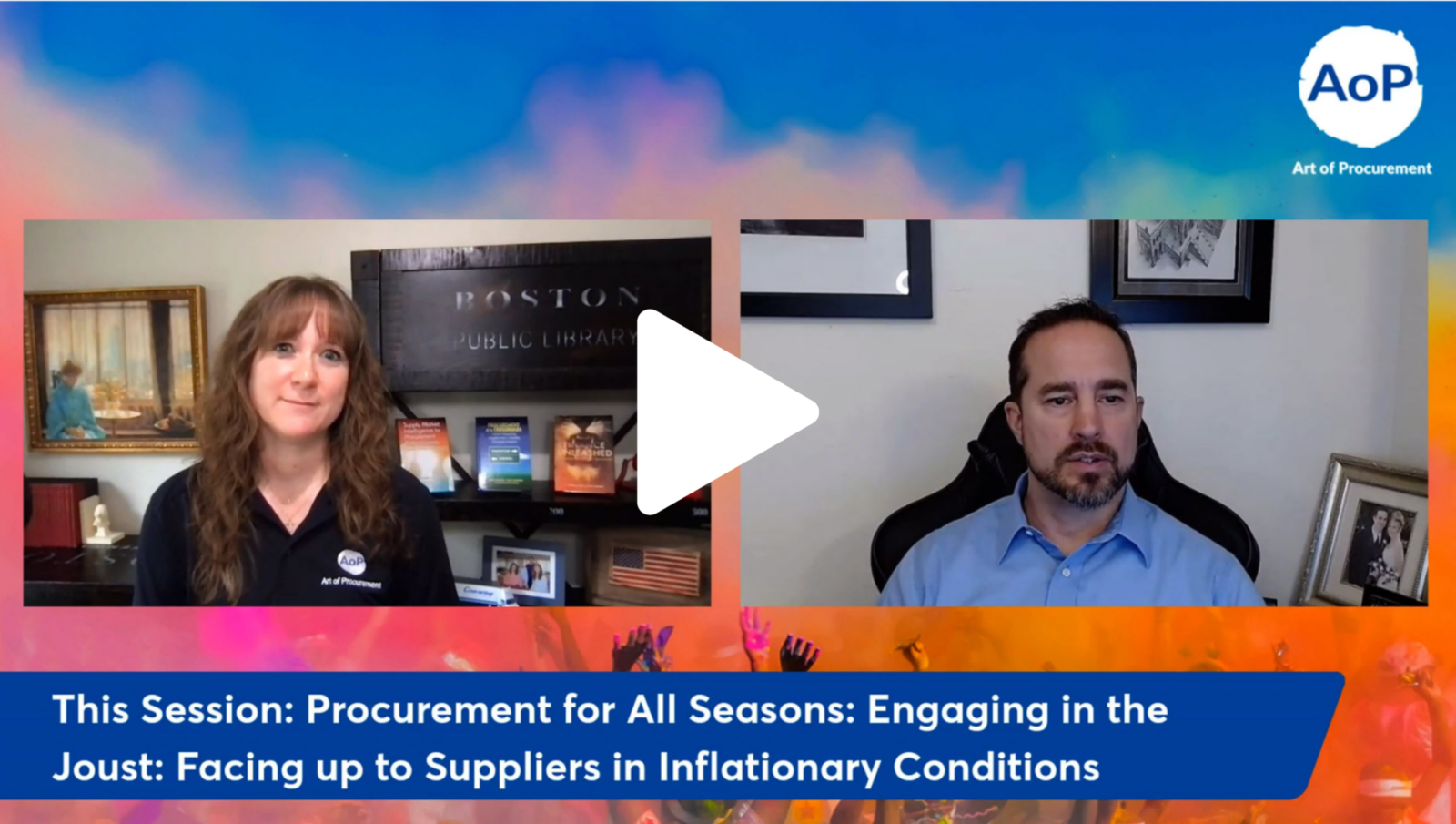 A woman and a man participate in a virtual session on procurement strategies, with a colorful background and the AoP logo.