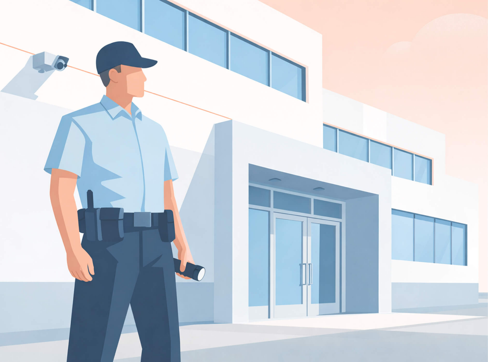 A security guard standing outside a modern building with surveillance camera and glass windows.