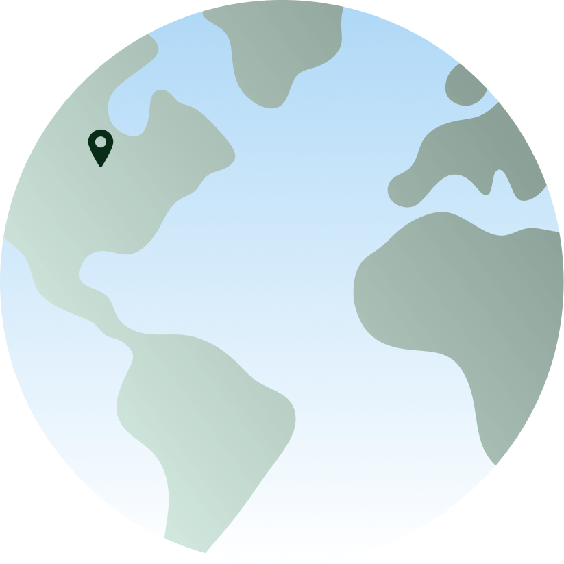 A stylized globe highlighting a location in North America with a marker, emphasizing decades of experience in global