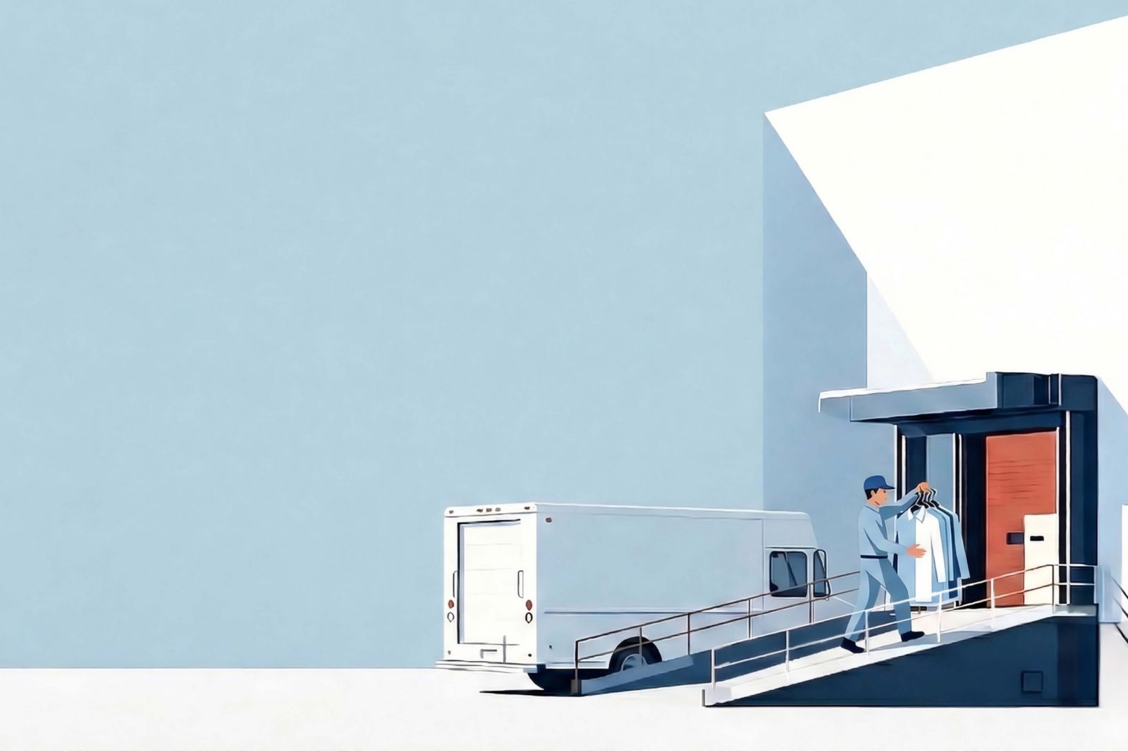 A delivery person loads a white uniform rental service truck at a modern building entrance with a ramp and large wooden door.