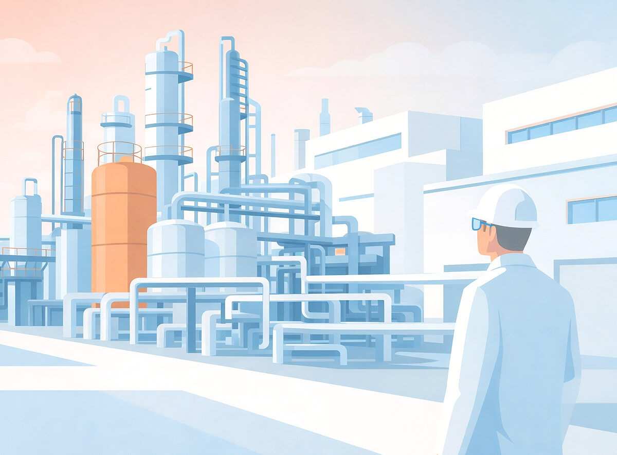 A scientist in safety gear observes a large industrial chemical processing plant with numerous pipes and towers.