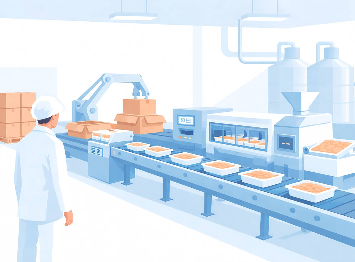A worker monitors a food processing line with automated machinery packaging food products in a clean industrial facility.
