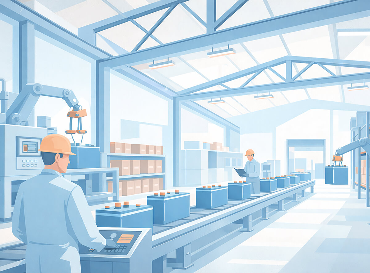 Manufacturing workers operate machinery and monitor a conveyor belt in a bright, modern industrial facility.