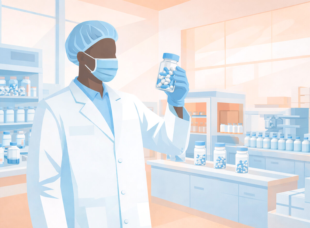 A scientist in a lab coat, mask, and gloves examines a bottle of pills in a pharmaceutical manufacturing facility.