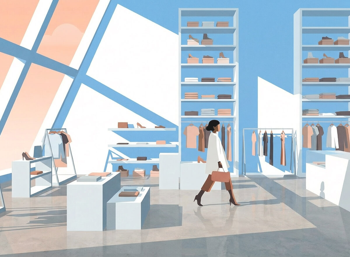 A woman shopping in a modern retail store with shelves of shoes, clothing racks, and display tables in a bright, airy space.