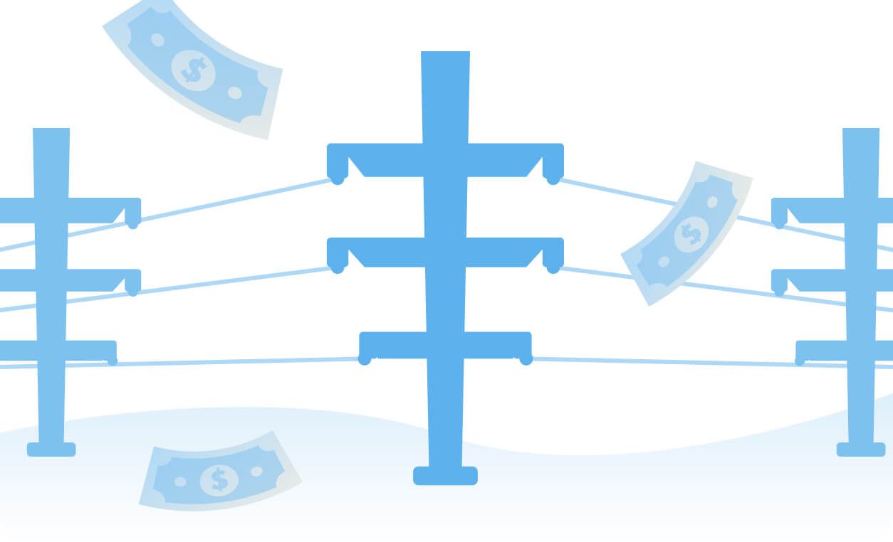 Blue electrical poles with dollar bills hanging from power lines, symbolizing energy costs and financial impact.