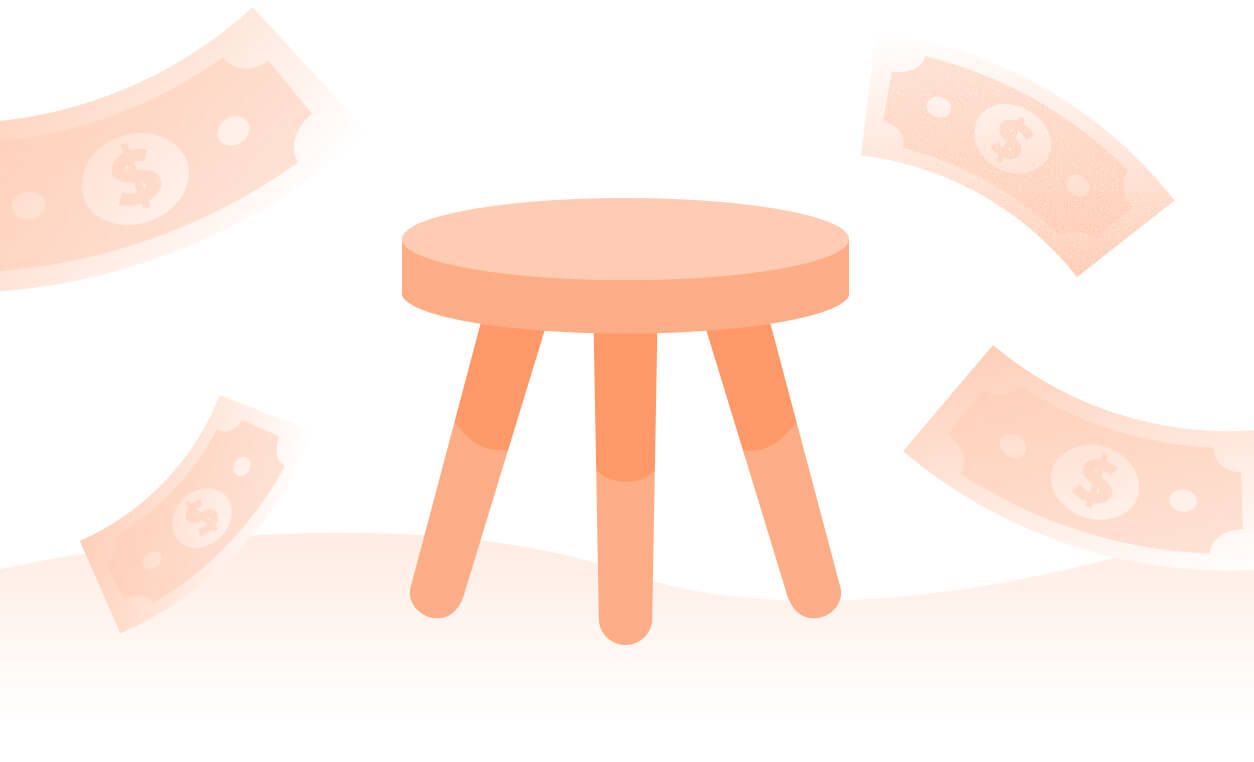 A three-legged stool with falling dollar bills around it, symbolizing a balanced approach to optimizing indirect spend.