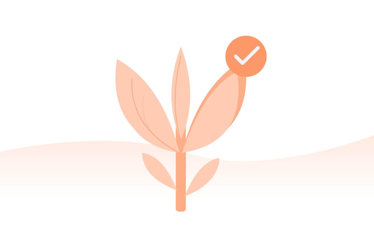 A stylized peach-colored plant with a checkmark icon indicating sustainability or environmental commitment.
