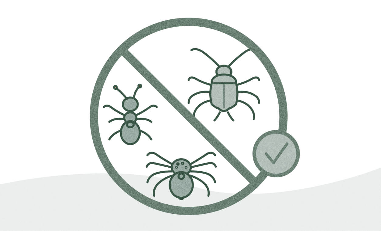 A circular pest control icon with ants, ticks, and a checkmark, emphasizing effective pest management and cost savings.
