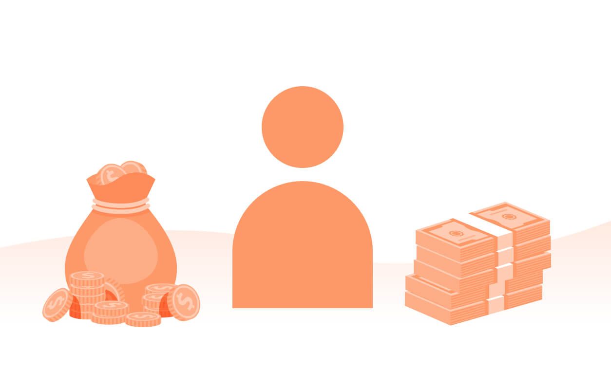 A simplified illustration of a person with a bag of coins on the left and stacks of cash on the right, emphasizing financial