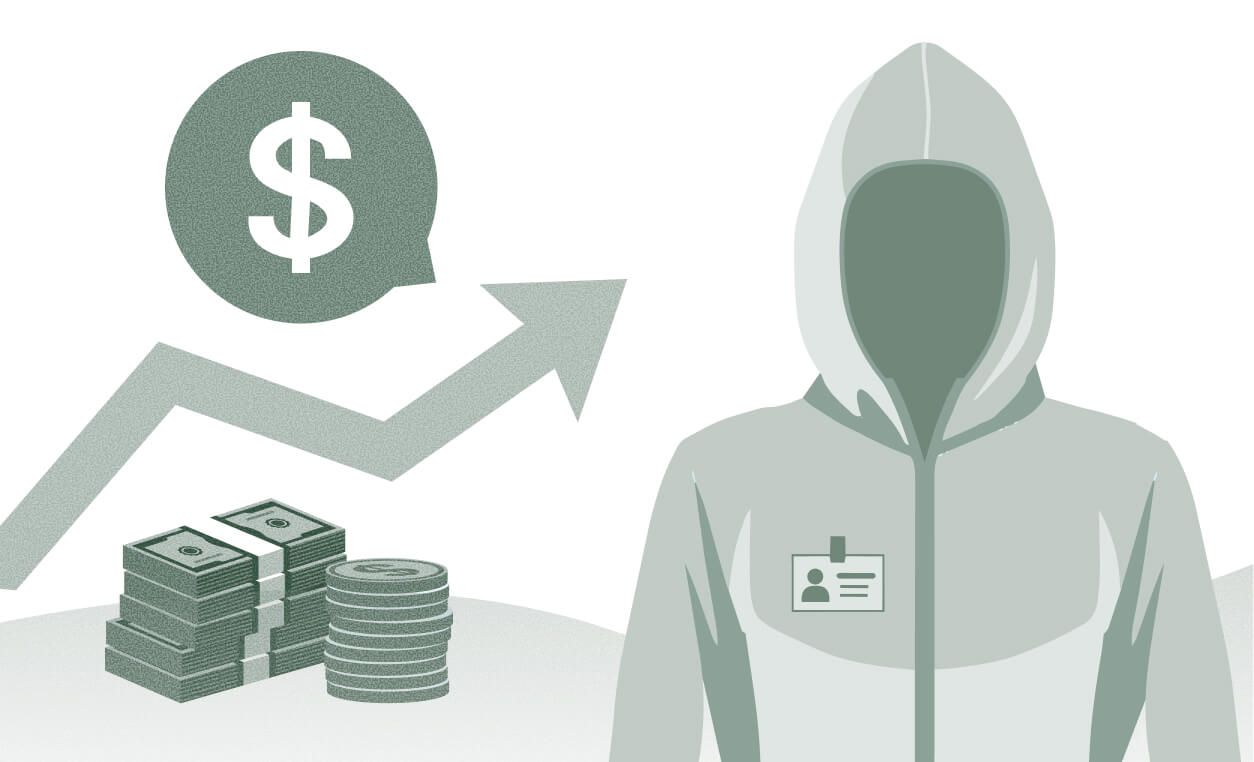 A hooded figure with an ID badge stands beside stacks of cash, a dollar sign, and an upward arrow indicating billing changes.