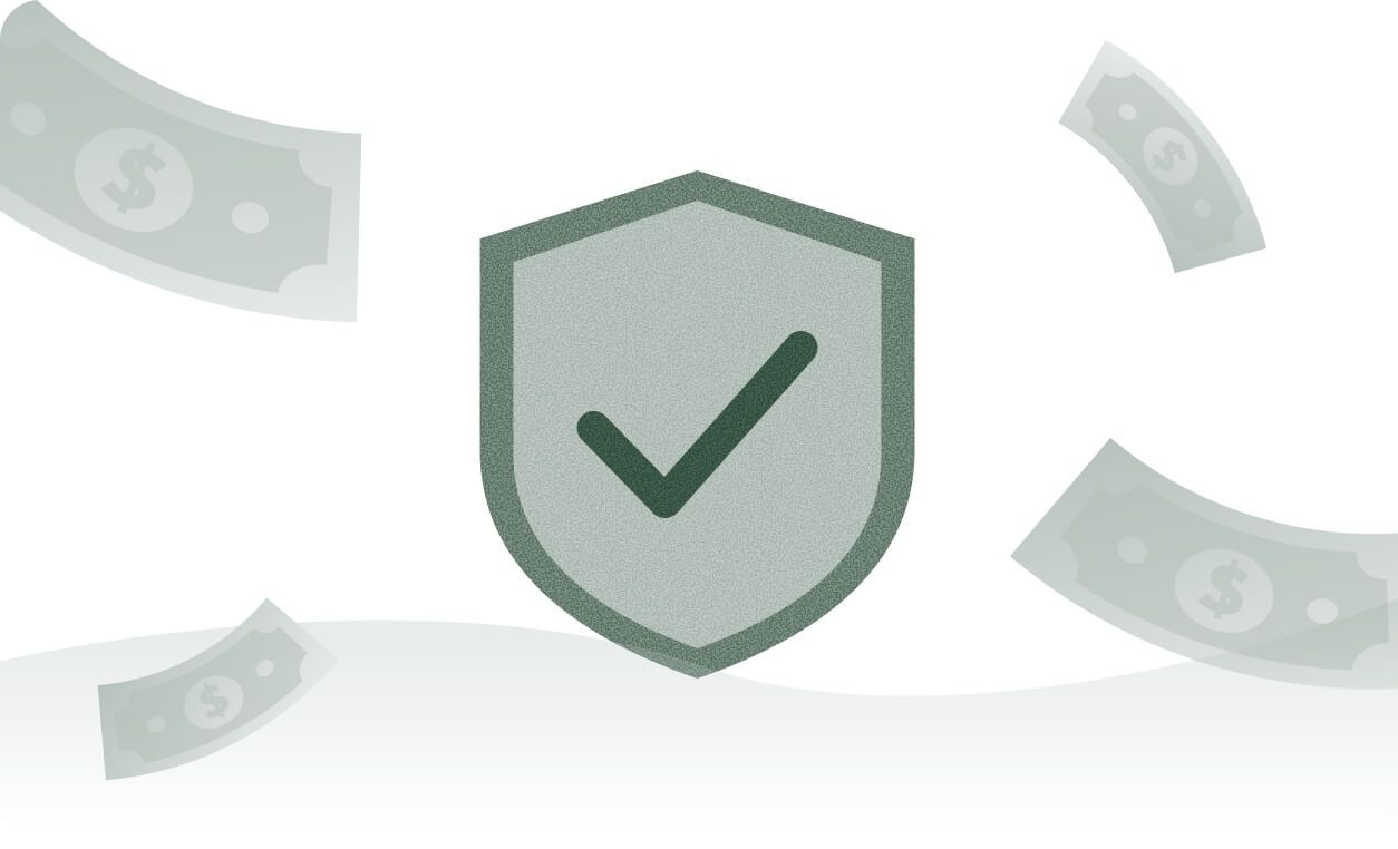 A shield with a checkmark symbol surrounded by floating dollar bills representing security costs.