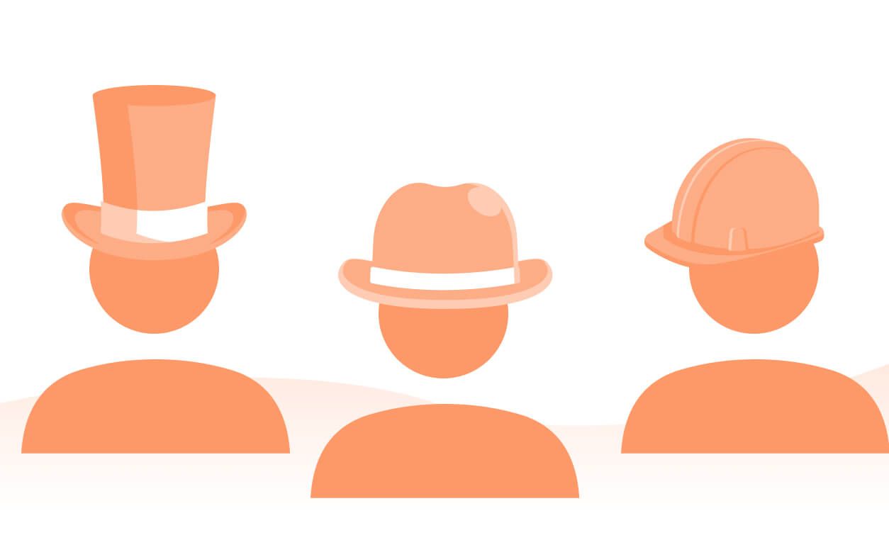 Three faceless figures wear different hats representing facilities management service leader roles.