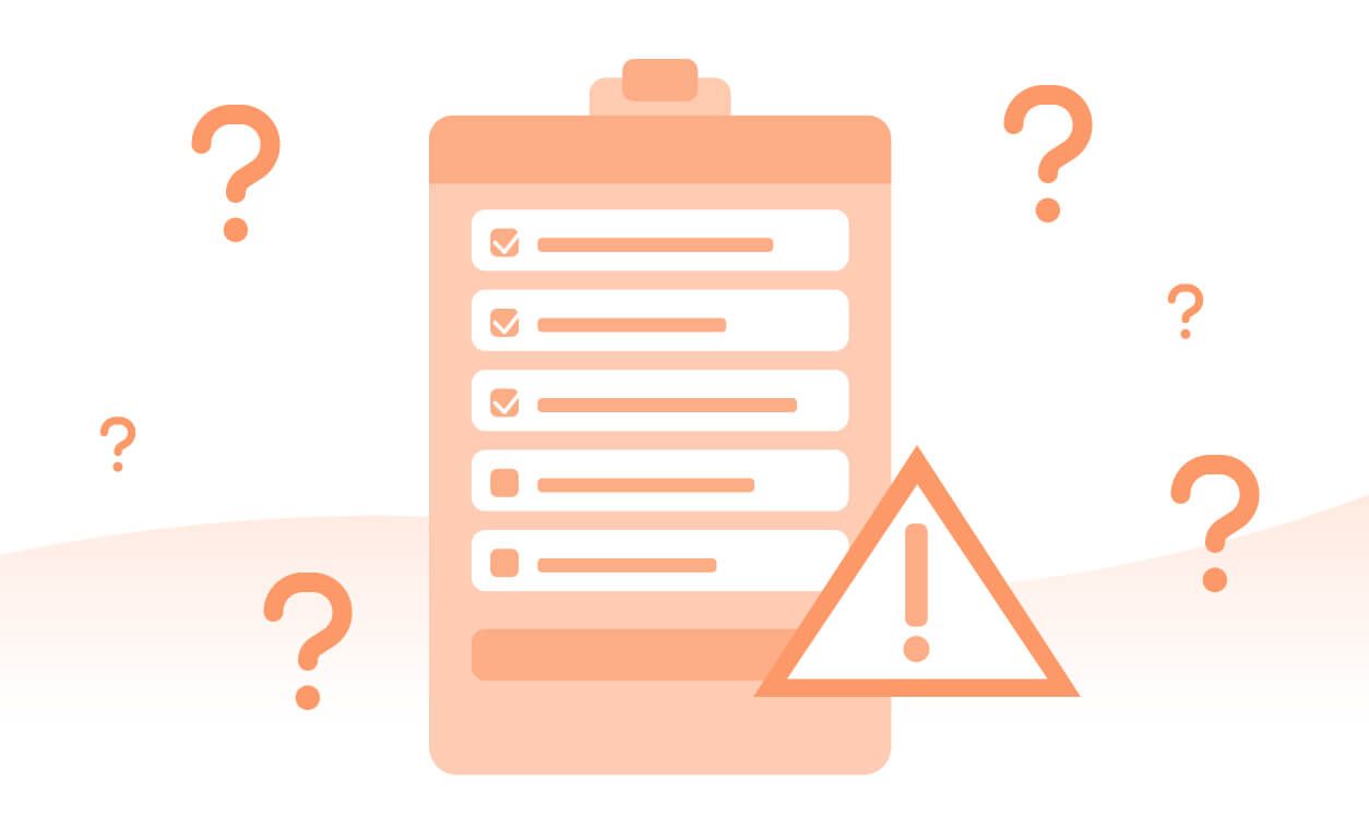 A checklist on a mobile device with warning signs and multiple question marks highlighting potential issues in contract