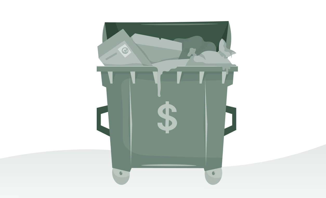 A waste container overflowing with trash and liquid, marked with a dollar sign, highlighting increased waste costs from