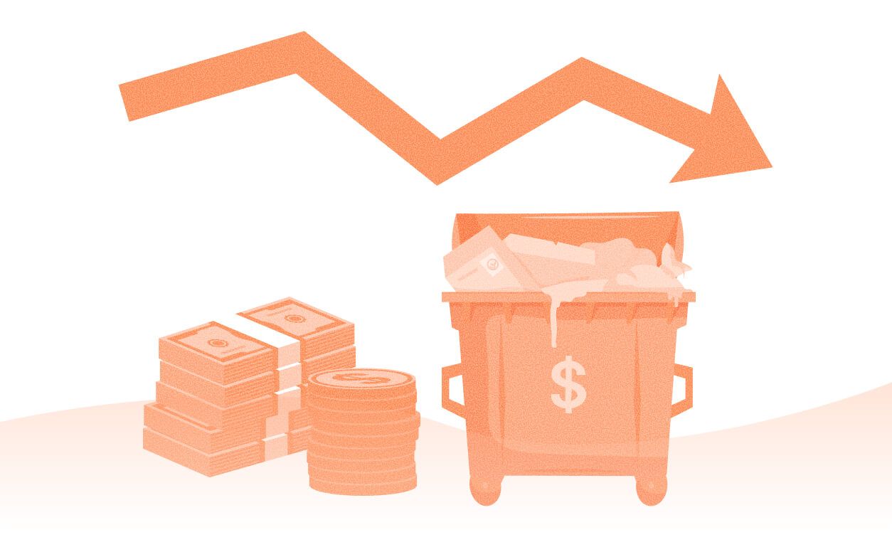 A trash bin overflowing with money and paper waste, with a declining arrow indicating financial loss.