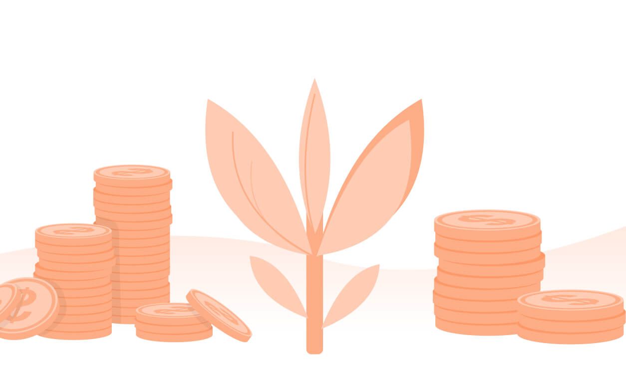 Stacks of coins and a plant symbolize reducing costs and enhancing sustainability in indirect categories.