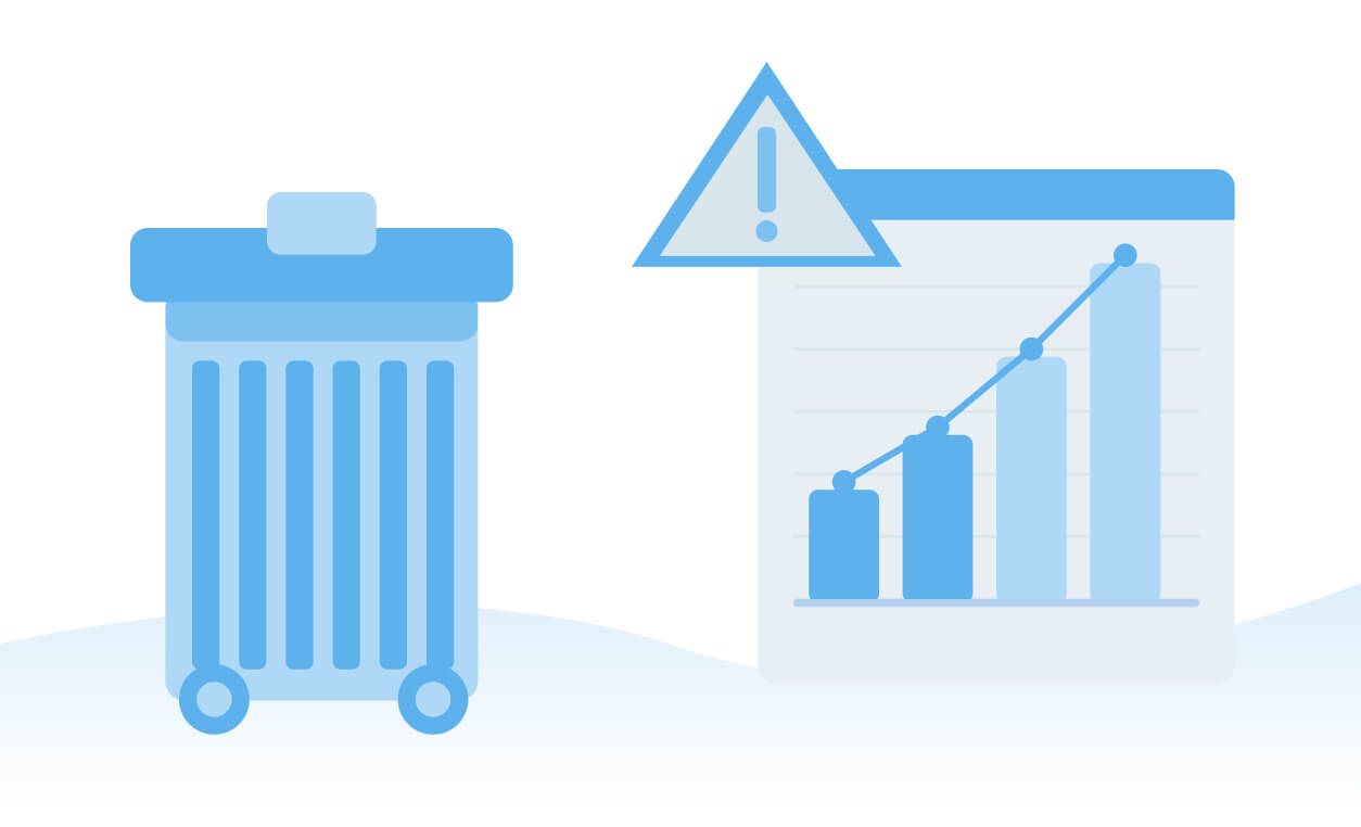 A blue trash bin and a chart with an upward trend and warning icon indicating rising waste management costs due to industry