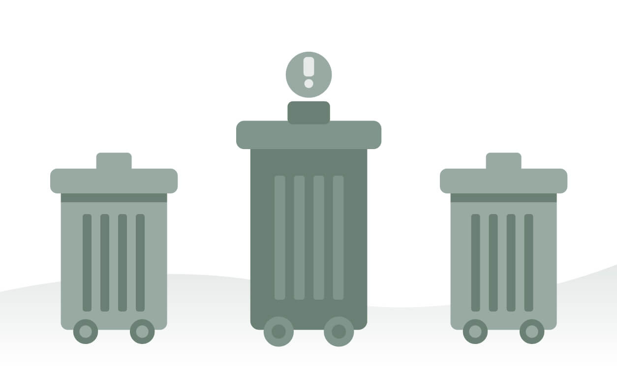 Three waste bins with a warning exclamation mark and exclamation symbol above, indicating industry alert on M&A activity