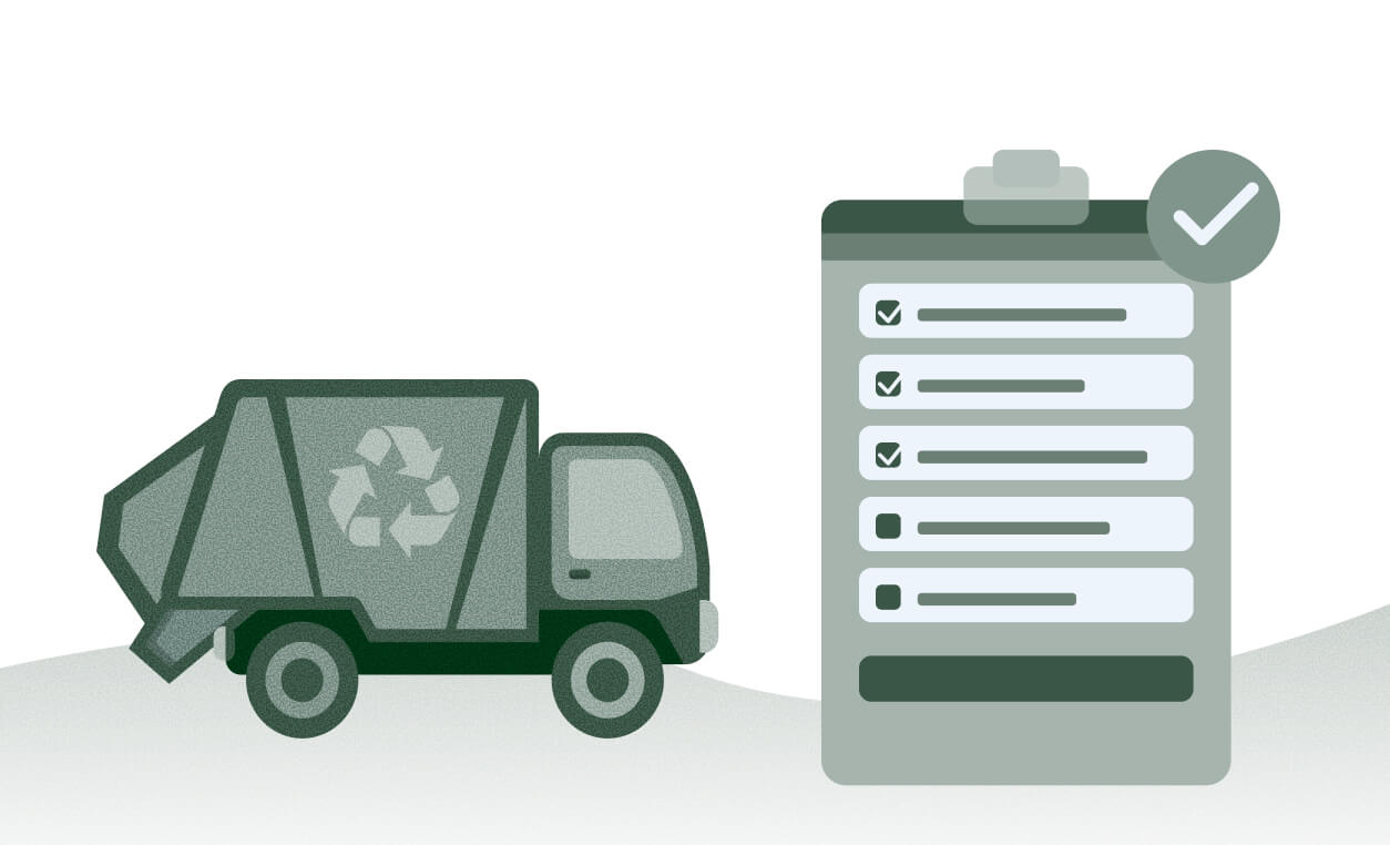 A recycling truck beside a checklist on a clipboard with a checkmark, indicating successful waste hauler transition.