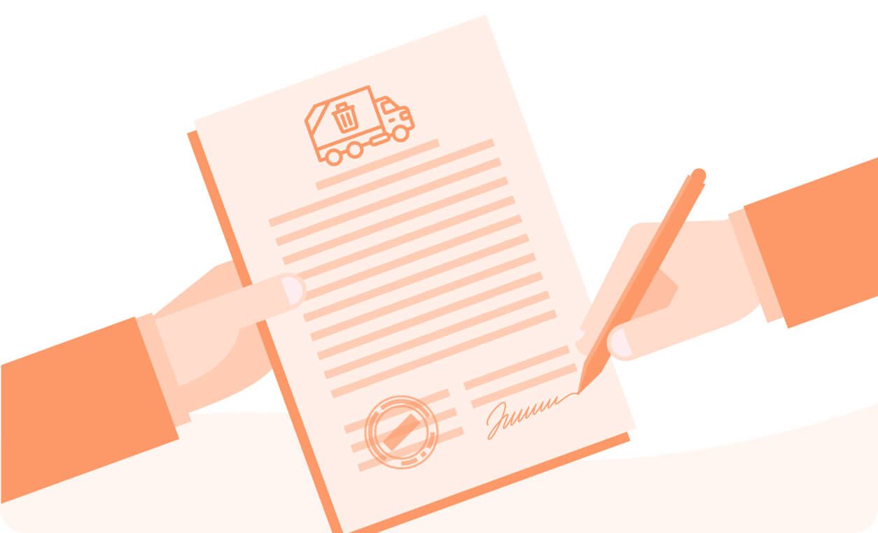 A person signs a document related to waste brokers, with an illustration of a waste truck at the top.