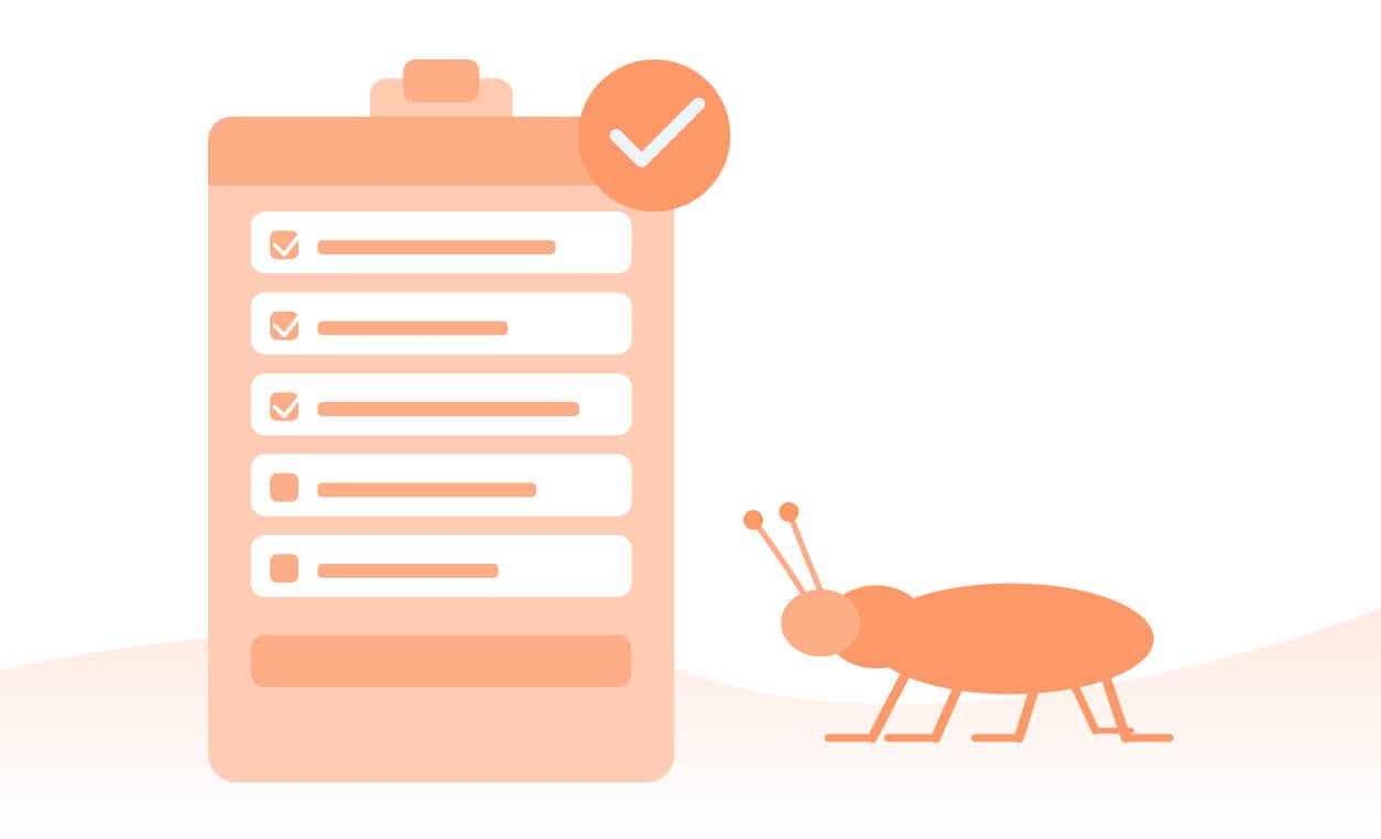 A checklist on a clipboard with a checkmark, accompanied by a pest insect, emphasizes food safety assessments and compliance.