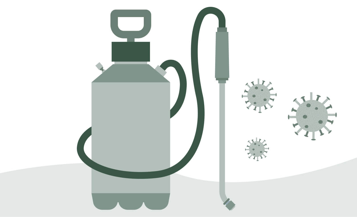 A pest control device with a hose and virus icons, suggesting COVID-19-related pest control insights.