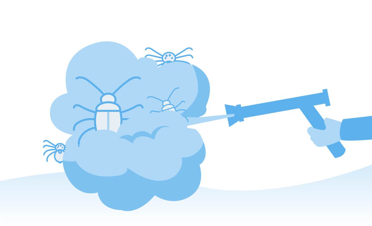 A hand sprays pesticide from a gun at pests on a cloud, symbolizing pest management in a post-FSMA world.