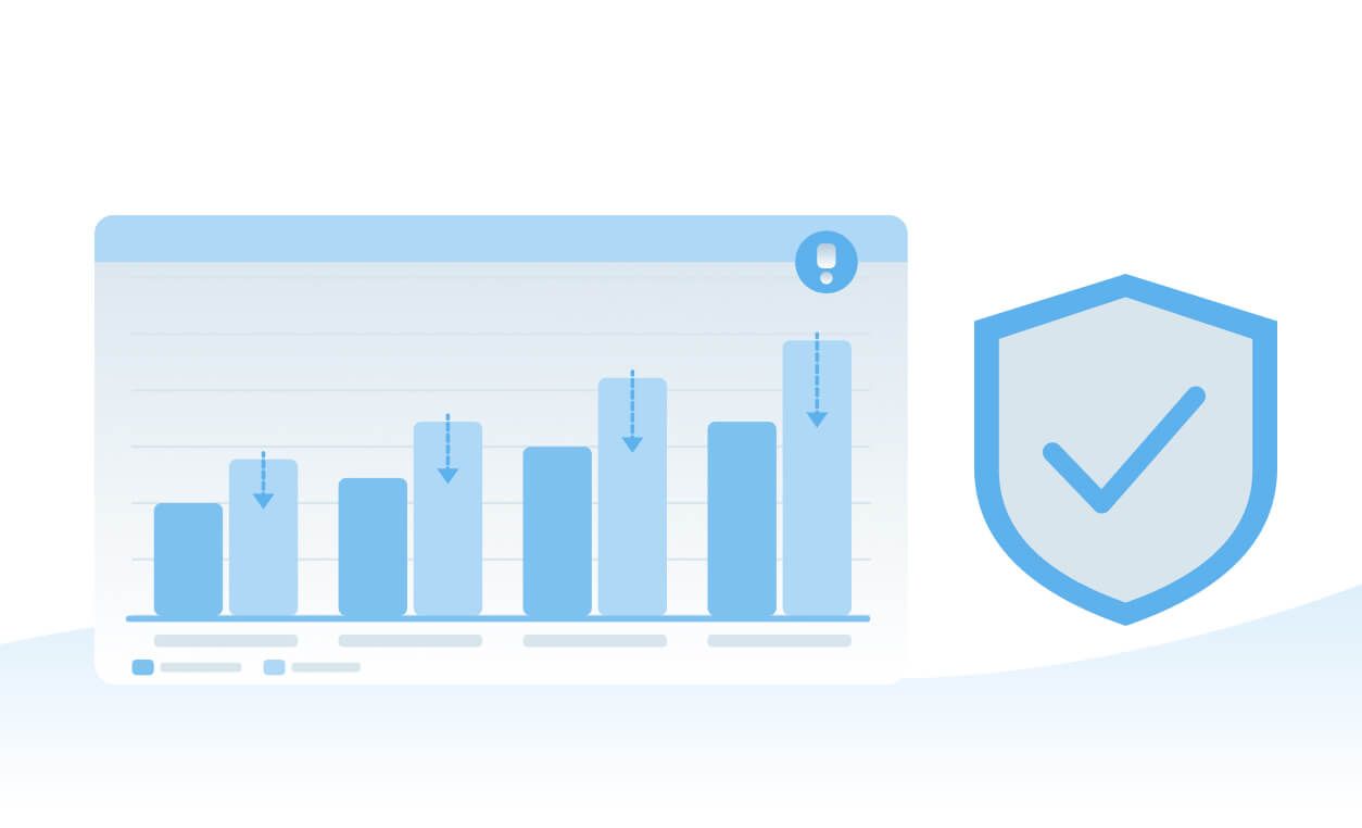 A bar chart with downward arrows and an exclamation mark, alongside a shield with a checkmark, illustrating payroll impact