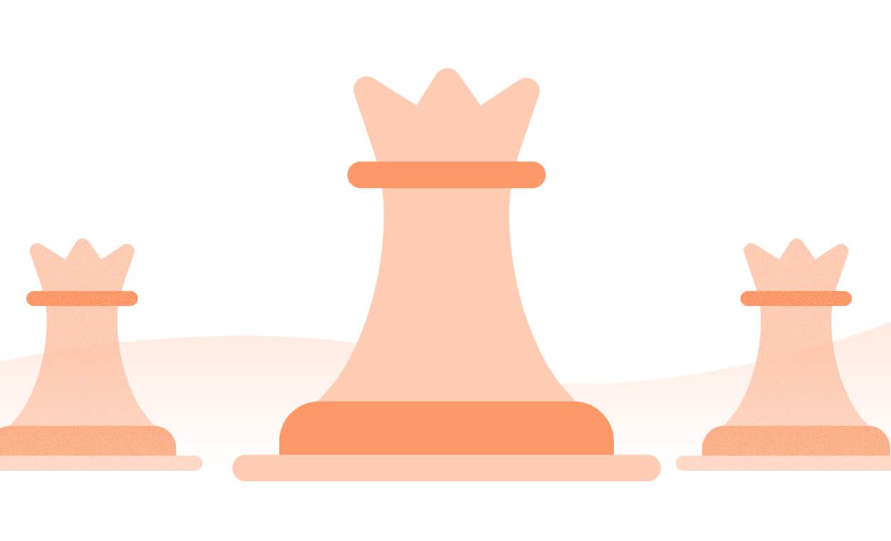 Three peach-colored chess rooks with crown-like tops are arranged on a white background.