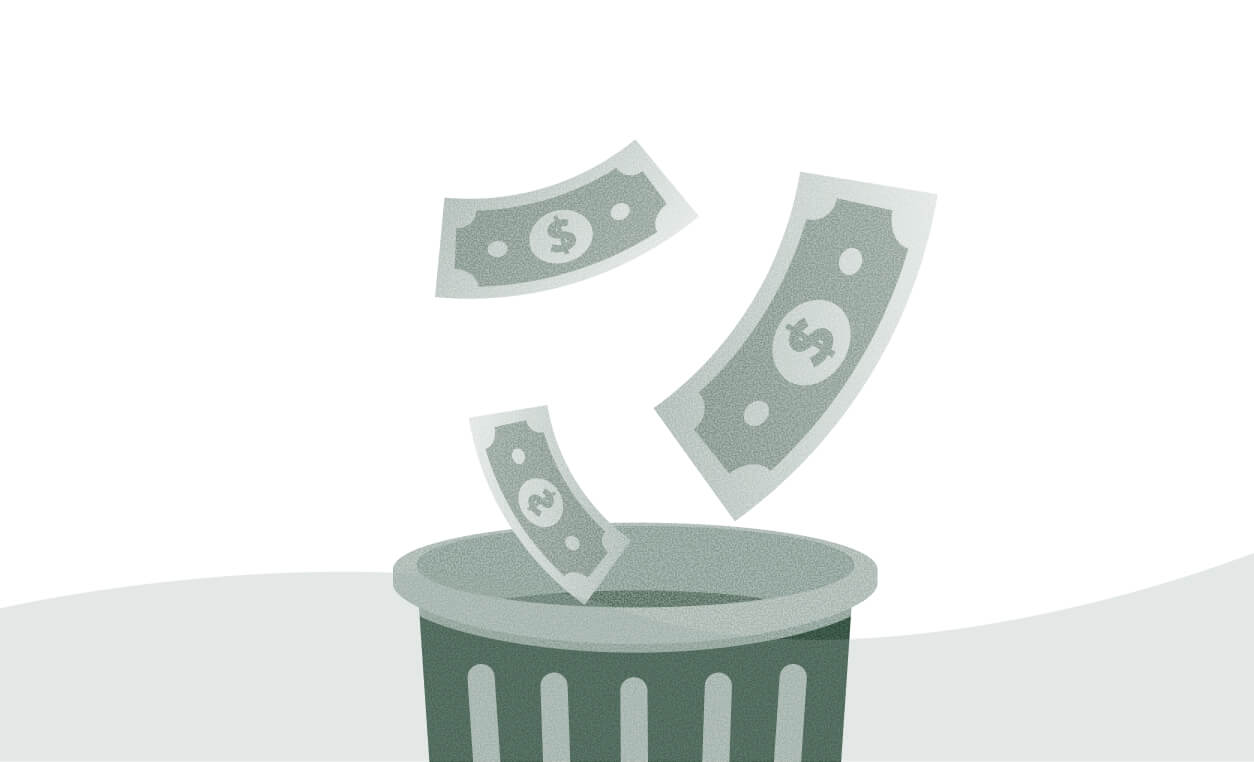 Illustration of dollar bills being discarded into a trash bin, symbolizing nuisance expenses in procurement.