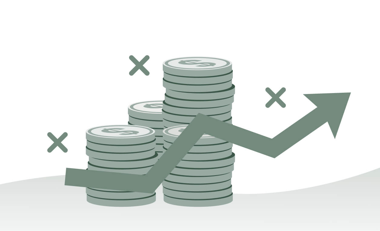 Stacks of coins with an upward trending arrow and scattered X marks, indicating financial growth and potential flaws.