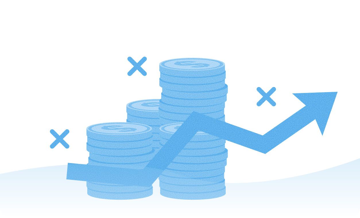 Stacks of coins with an upward arrow and multiplication symbols indicating growth and financial incentives.