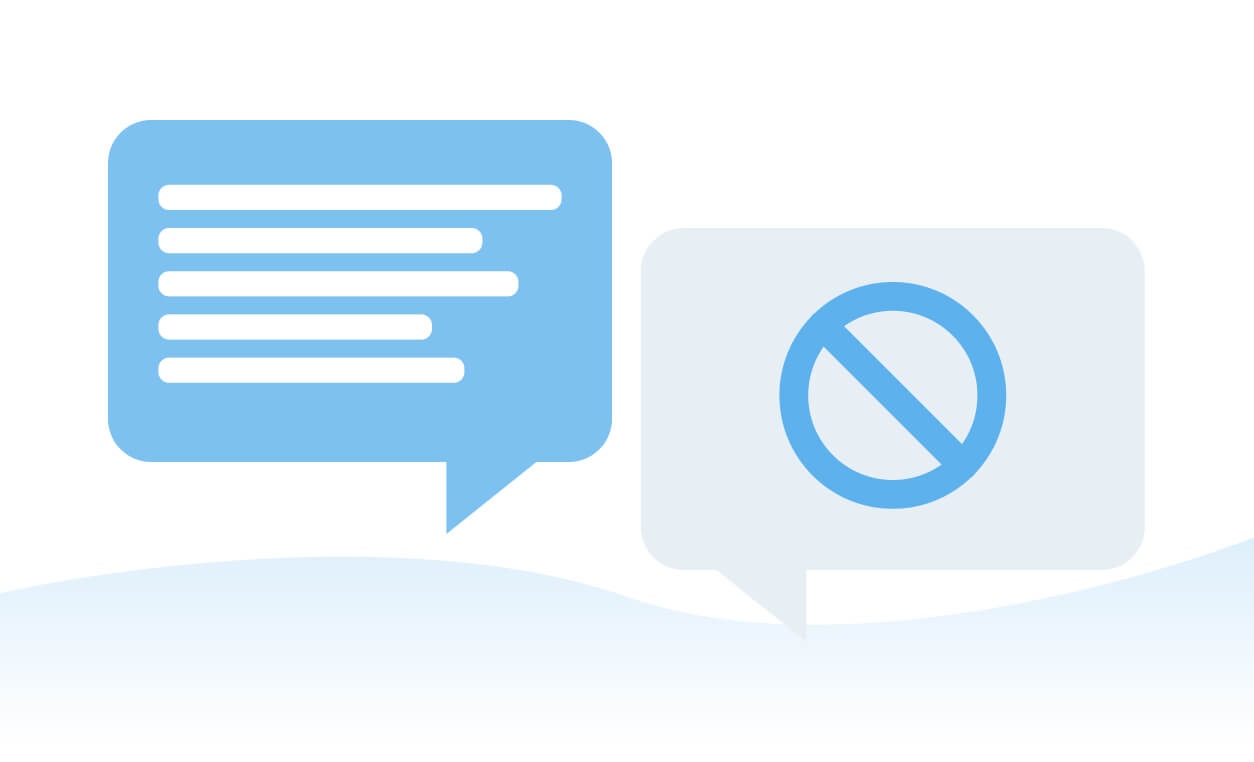 Two speech bubbles, one with lines of text and the other with a prohibition symbol, representing objections and rethinking