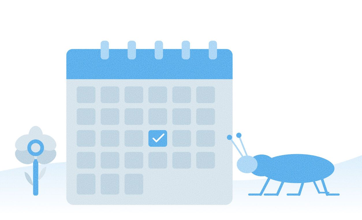 A calendar with a checkmark on a spring day, accompanied by a flower and an insect, promoting pest control program