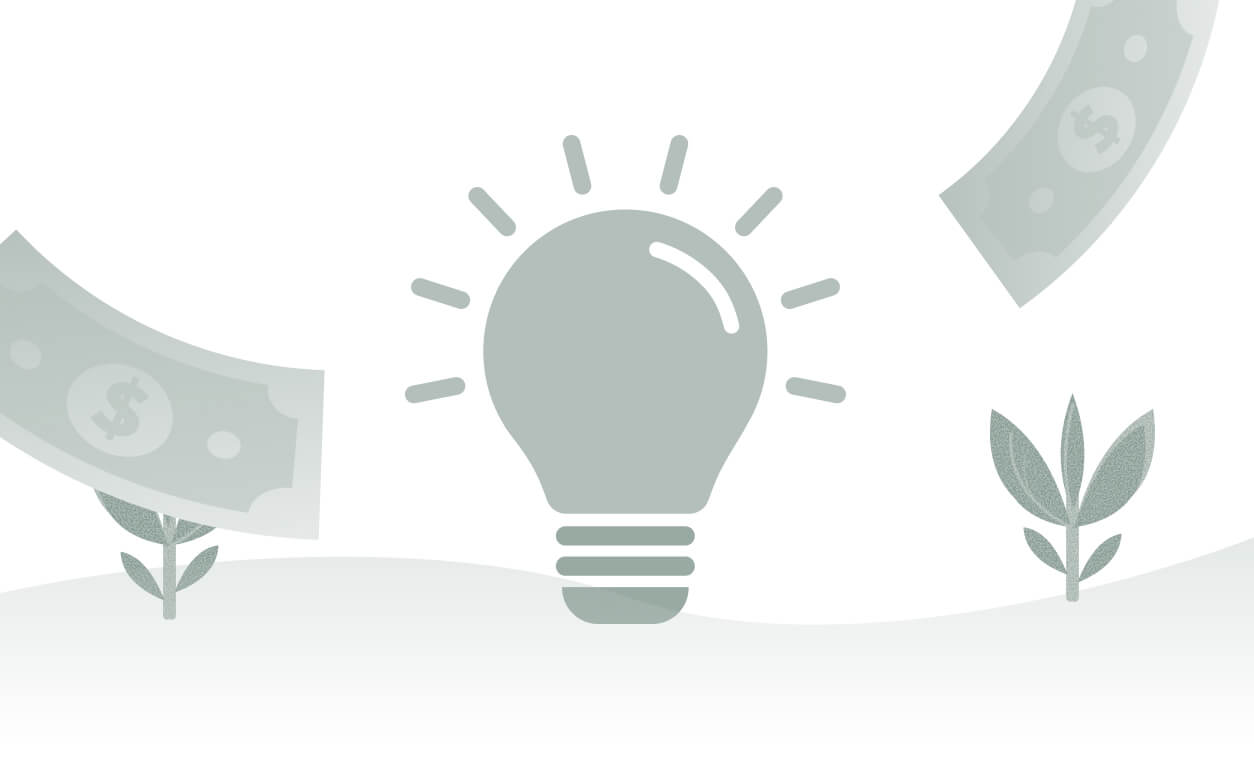 A lightbulb surrounded by dollar bills and small plants, symbolizing sustainable energy management and financial growth.