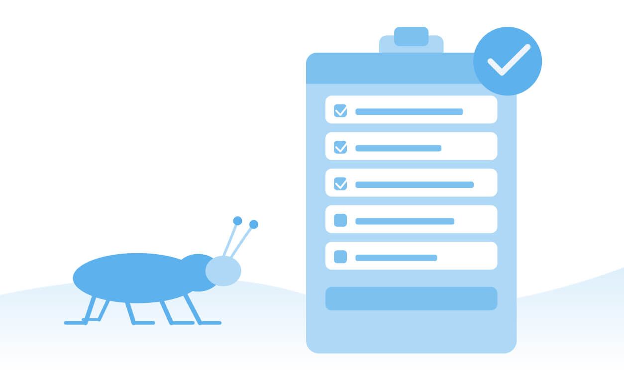 A pest control checklist on a mobile device with a blue checkmark, featuring a cartoon pest nearby.