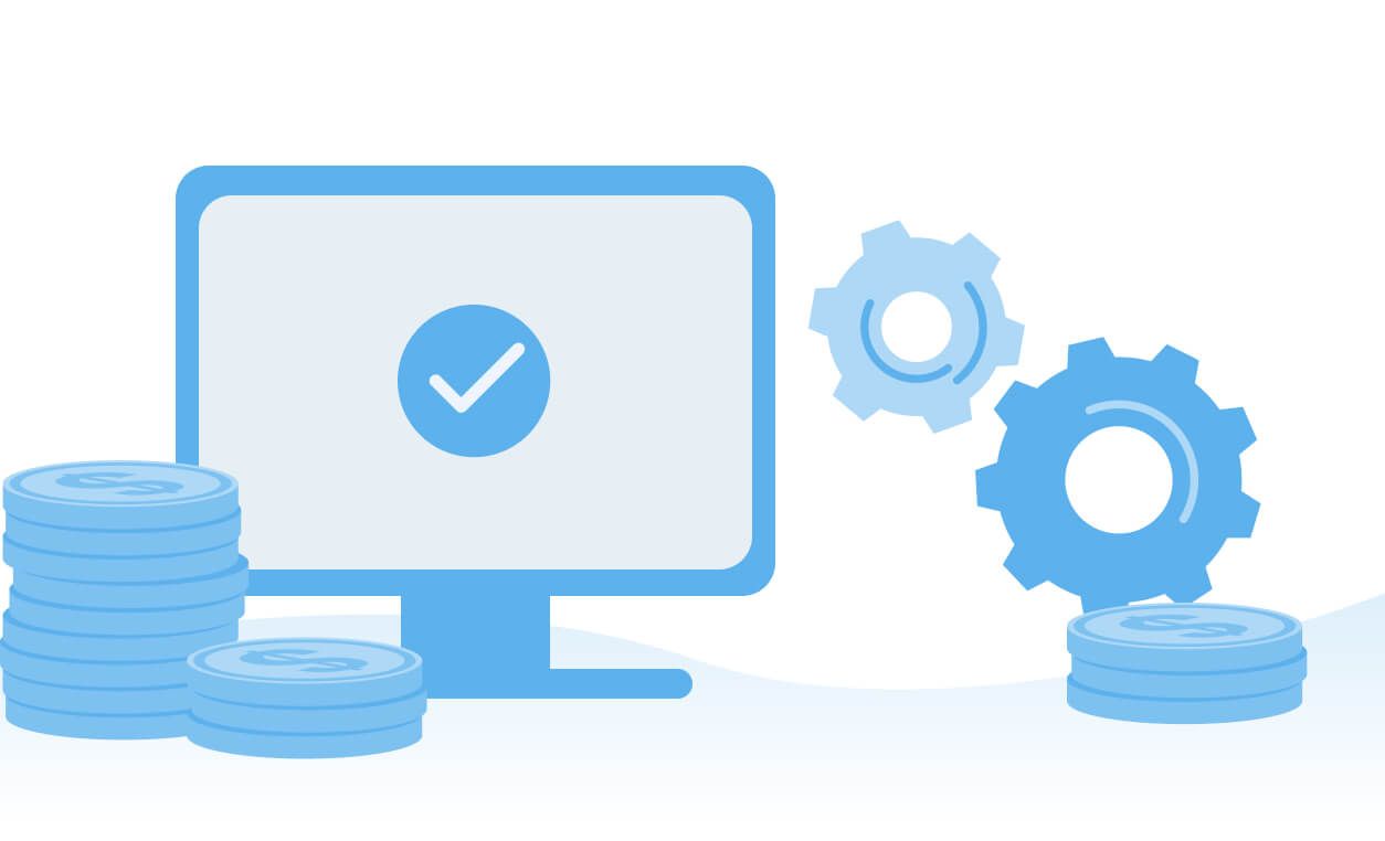 A computer monitor with a checkmark, surrounded by stacks of coins and gears, representing technology, investment, and