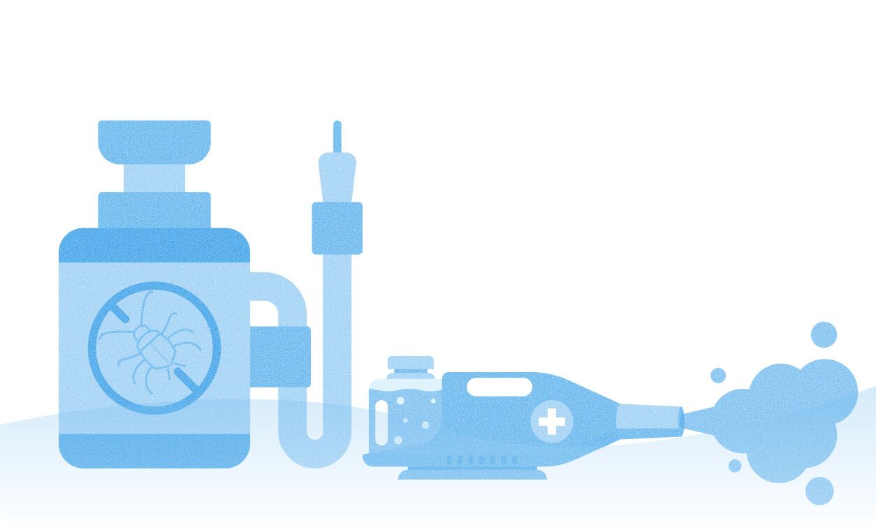 A blue illustration of fumigation equipment with a spray tank, syringe, and a fogging device emitting vapor.