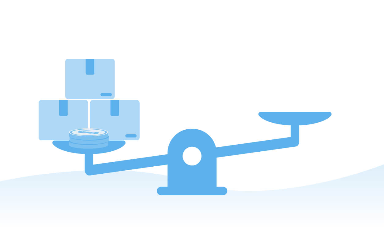 A blue balance scale with boxes on one side and coins on the other, symbolizing supplier behavior and financial balance.