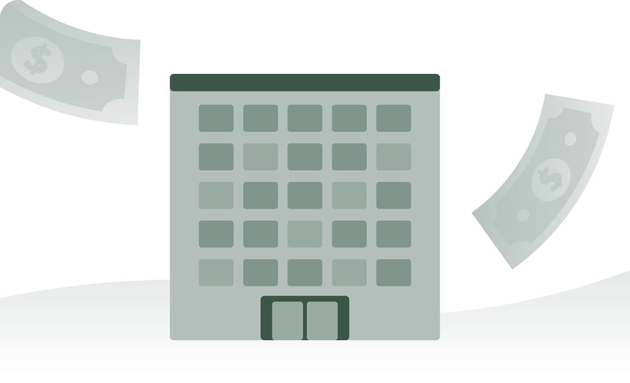 A gray office building with dollar bills floating around, illustrating the impact of returning to the office on facilities